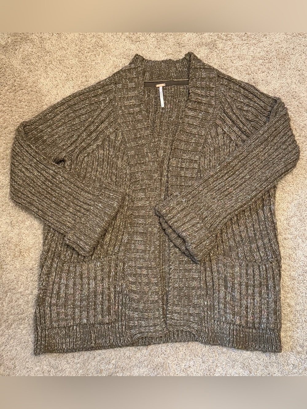Free People Olive Heathered Open-Front Cardigan Sweater